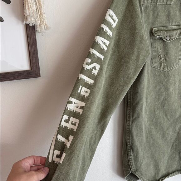 Zara Distressed heavy Jean Khaki Green Shirt Jacket Shacket men’s medium EUC! - Picture 6 of 9